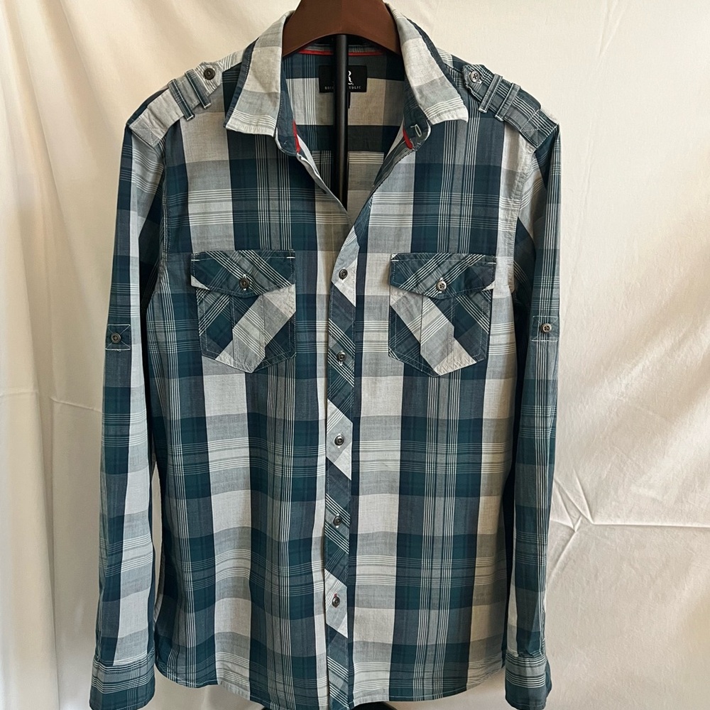 Rock & Republic Mens Shirt Plaid Size L Long Sleeve Roll Tab